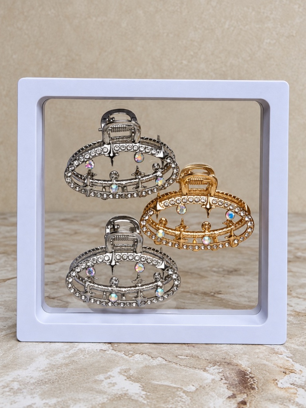 Boutique Jeweled Starburst Rhinestone Hair Claw Clips Gold Silver 3 Pc Set